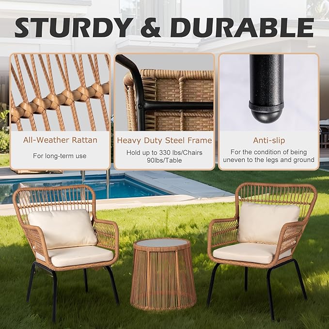 3 Piece Outdoor Wicker Furniture Bistro Set