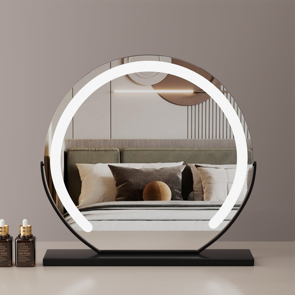 Large 24” Round Makeup Vanity Mirror – LED Strip Lighting, 3 Color Modes, 360° Rotation, and Adjustable Brightness for Dressing Tables, Black