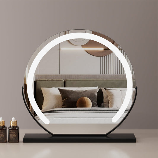 Large 24” Round Makeup Vanity Mirror – LED Strip Lighting, 3 Color Modes, 360° Rotation, and Adjustable Brightness for Dressing Tables, Black