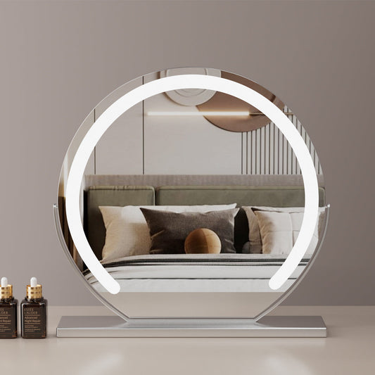 Large 24” Round Makeup Vanity Mirror – LED Strip Lighting, 3 Color Modes, 360° Rotation, and Adjustable Brightness for Dressing Tables, Silver